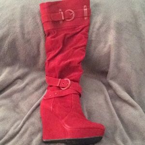 Knee high red suede boots